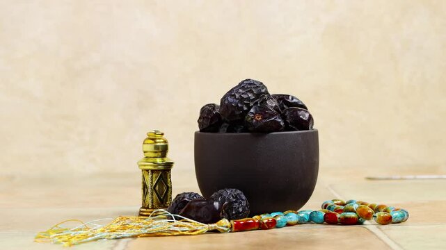 woman hold one piece Kurma Ajwa, Ajwa Dates, served in traditional metal plate, Kurma Ajwa is one of the special fruit from Madina City with tasbih and oud perfume