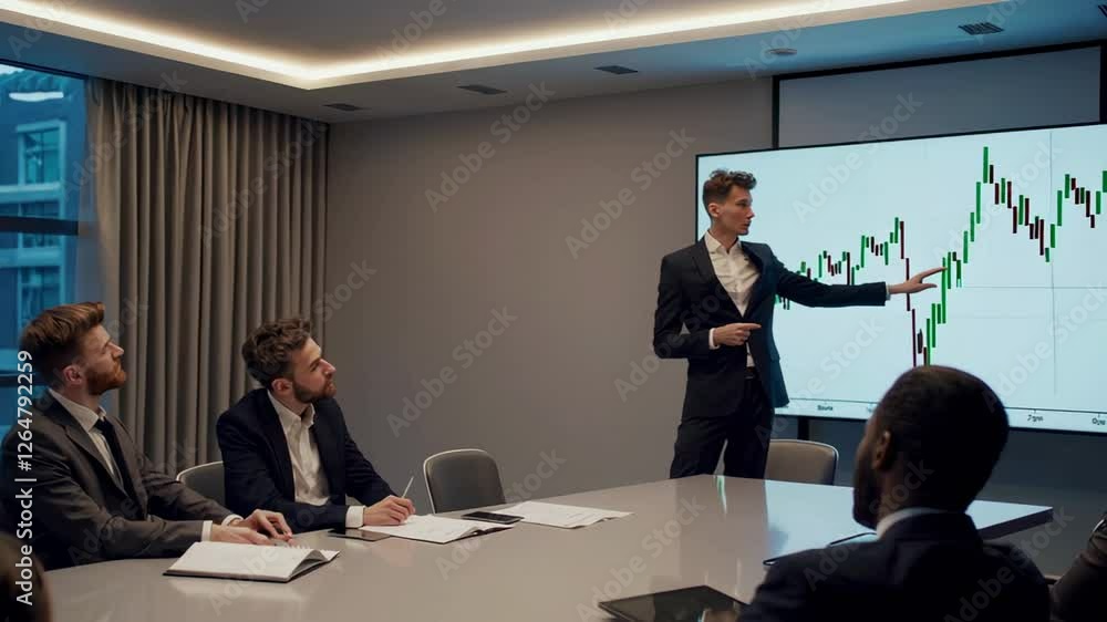 Poster business presentation showing a financial analyst explaining stock market data to his colleagues in 