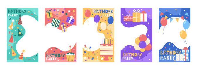 Birthday frame. Greeting card for kids happy celebration. Photo background template. Party post with balloon and cake. Cartoon child border. Holiday picture pattern. Vector baby garish banners set