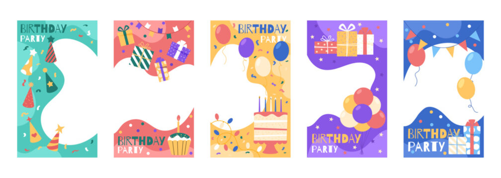 Birthday frame. Greeting card for kids happy celebration. Photo background template. Party post with balloon and cake. Cartoon child border. Holiday picture pattern. Vector baby garish banners set