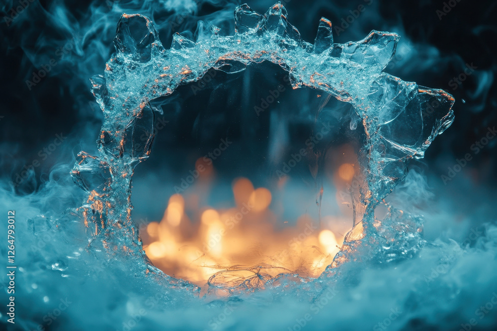 Aufkleber circular ice formation illuminated by fire and surrounded by mist captivates the viewer with its con