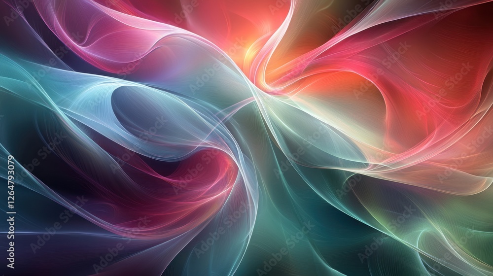 Poster luminous flowing shapes. bright gradients in ruby and moss green. intertwining curves merging into a