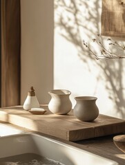 Bathroom still life features ceramic vases and wooden soap dish