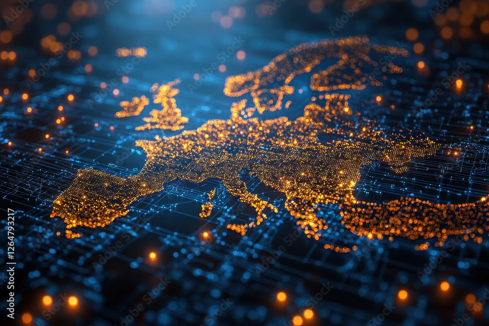 Poster digital representation of europe illuminated with bright data points and network connections at nigh