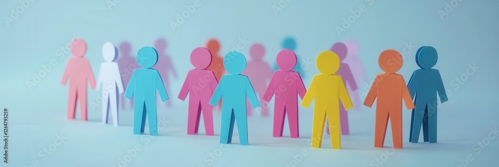Poster a playful collection of vibrant paper figures in different colors standing together, symbolizing com