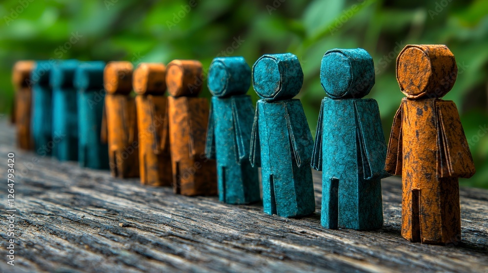Aufkleber this image showcases a series of colorful wooden figures, aligned neatly, representing unity and div