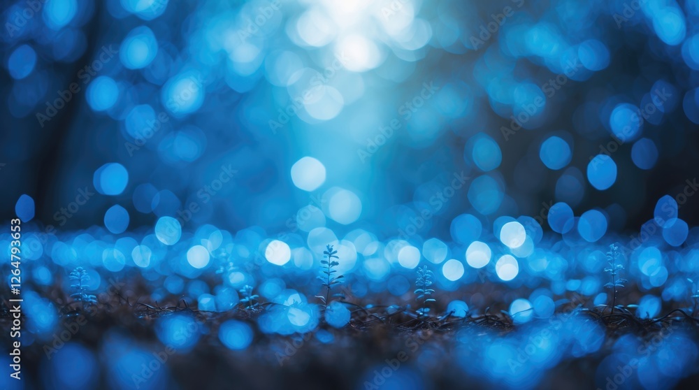 Poster blue bokeh background with soft focus lights and small plant in foreground suitable for design use c