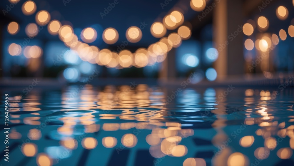 Poster Nighttime pool with reflections of glowing string lights creating a bokeh effect on the water surface water Copy Space
