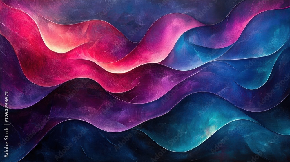 Poster luminous flowing shapes. bright gradients in mint and deep purple. flowing curves merging into abstr