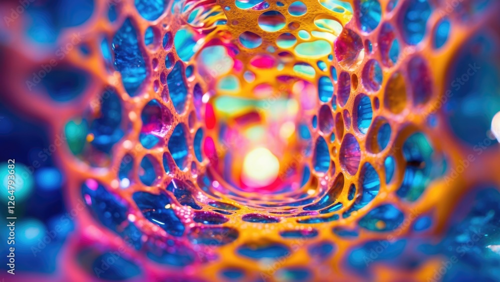 Poster colorful abstract pattern with glowing textures and intricate organic shapes in a tunnel-like format