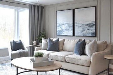 Modern living room design featuring cozy sofa and ocean-themed artwork in bright, airy space