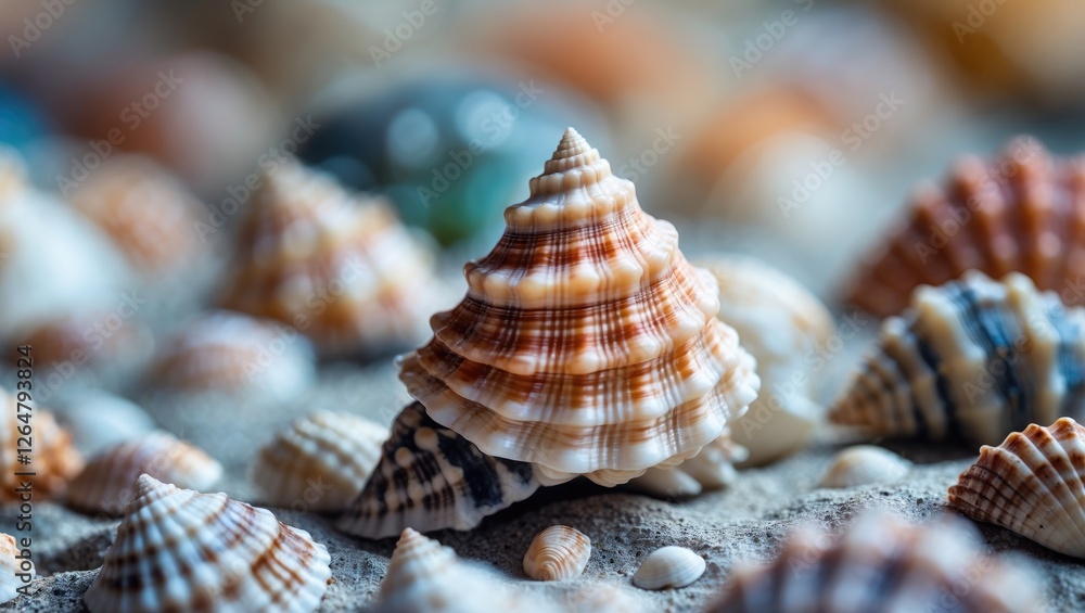 Poster close-up of various sea shells arranged on sand with soft focus background for natural textures and 