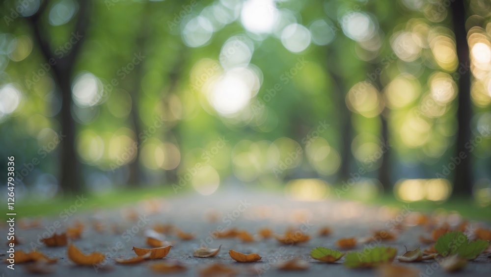Poster autumn pathway with fallen leaves in soft focus surrounded by green trees and bokeh background natur
