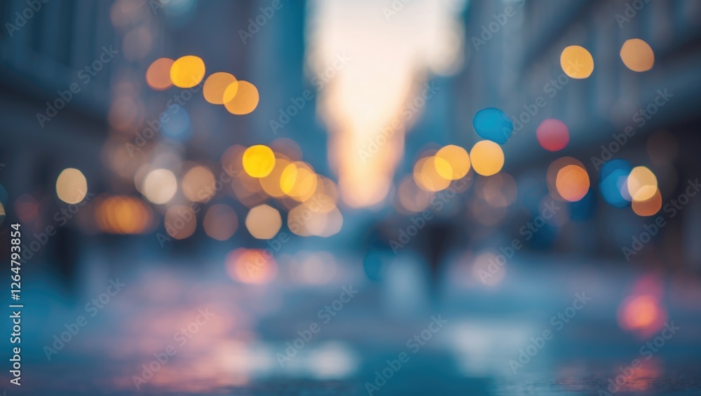 Poster urban street scene with blurred background lights creating bokeh effect during sunset copy space