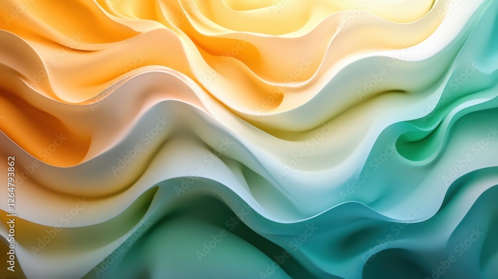 Poster luminous flowing shapes. bright gradients in mustard and jade. whimsical curves merging into abstrac