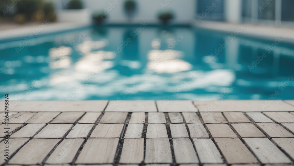 Poster blurred view of swimming pool with focus on tiled deck in foreground copy space
