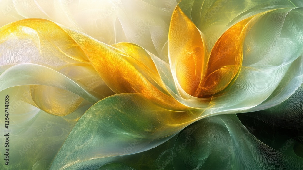 Poster luminous flowing shapes. bright gradients in mustard and jade. whimsical curves merging into abstrac