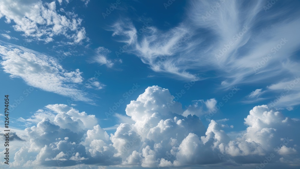 Poster sky with fluffy white clouds against a bright blue background with soft wispy clouds and ample copy 