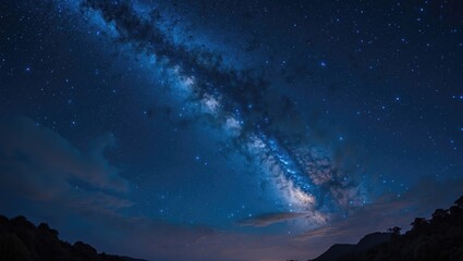 Fototapeta premium Milky Way Galaxy over a dark landscape with clear night sky and scattered stars in the background Copy Space