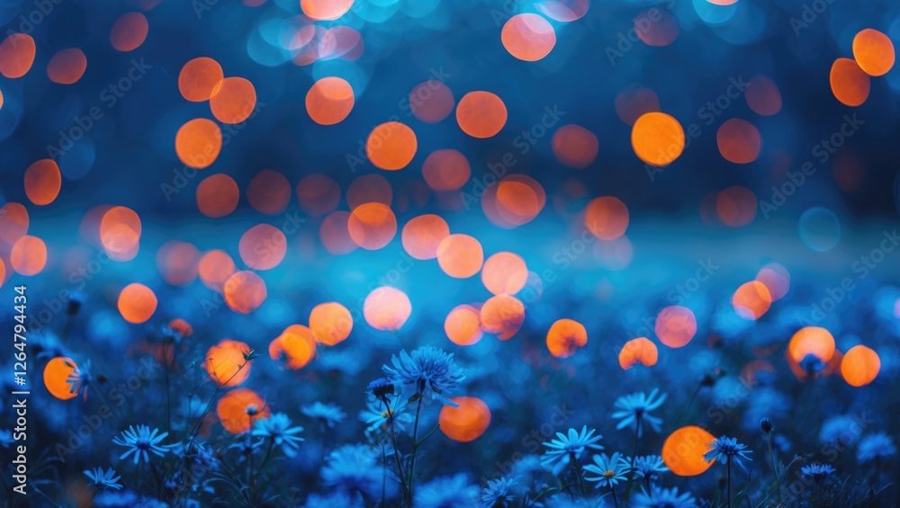 Aufkleber blurred background with blue flowers and orange bokeh lights in a natural setting suitable for dream