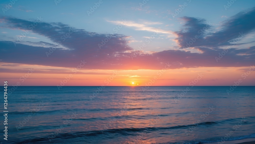 Poster sunset over calm ocean waters with colorful clouds reflecting in the sky and gentle waves on the sho