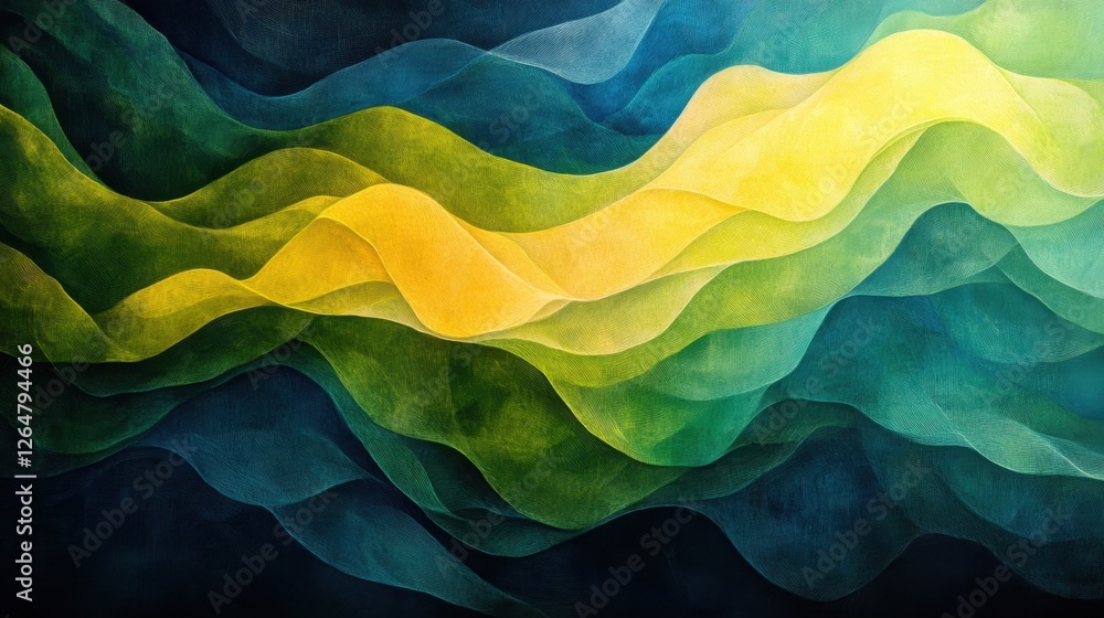 Poster luminous flowing shapes. bright gradients in chartreuse and royal blue. dreamy curves merging into a