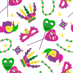 Vector seamless pattern with elements for Mardi Gras carnival. Bright Image of mosses, hats with feathers and beads.