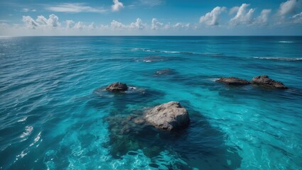 Fototapeta premium Clear turquoise ocean water with visible rocks and white clouds in the sky, ideal for travel and nature themes, Copy Space available.