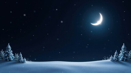 Naklejka premium Serene Winter Night Scene with Snow Covered Evergreens Under a Crescent Moon