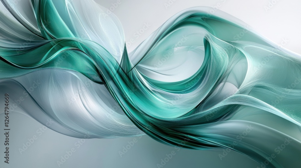 Poster luminous flowing shapes. bright gradients in silver and emerald. ethereal curves merging into abstra