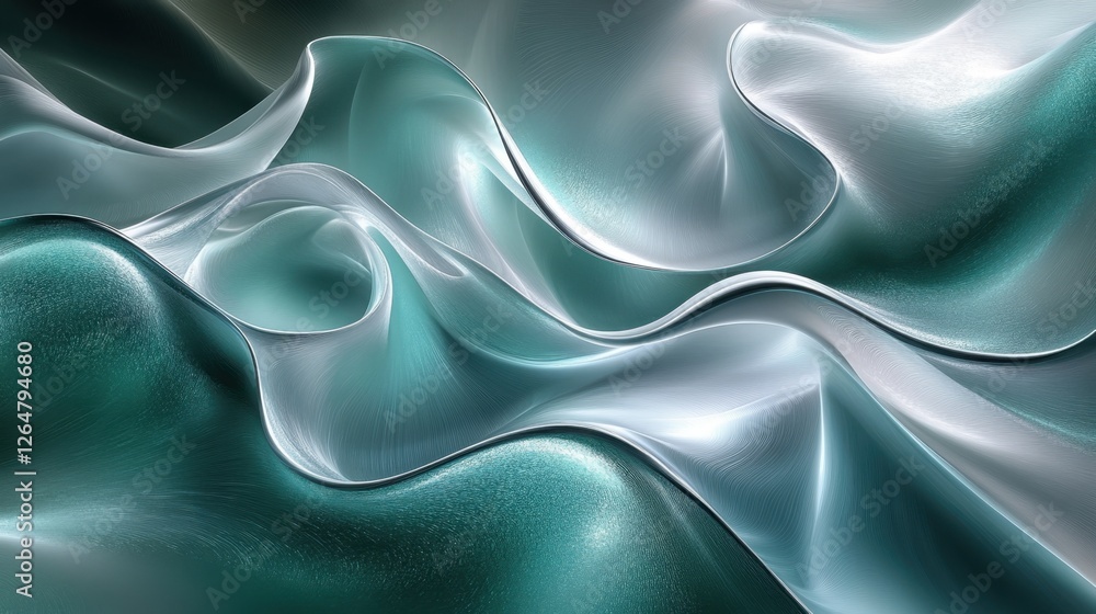 Poster luminous flowing shapes. bright gradients in silver and emerald. ethereal curves merging into abstra