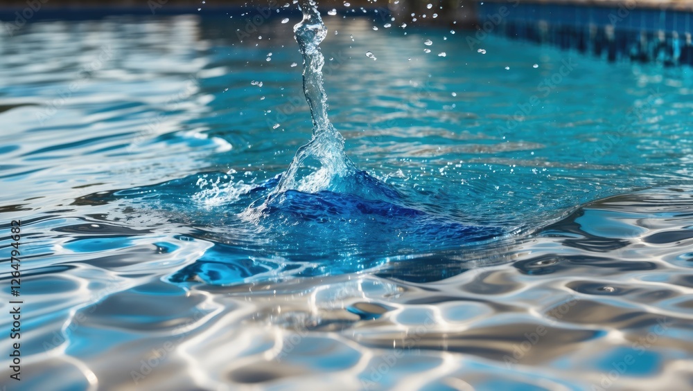 Poster water splash with ripples in a swimming pool under sunlight creating reflections and patterns on the
