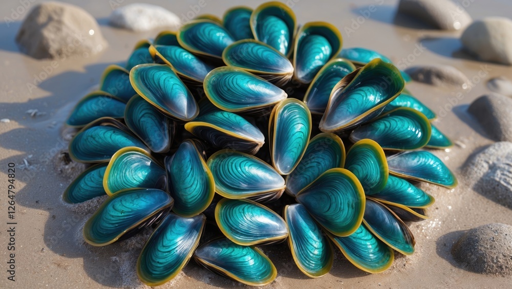 Poster cluster of blue and green mussels on sandy beach with pebbles in background showcasing intricate she