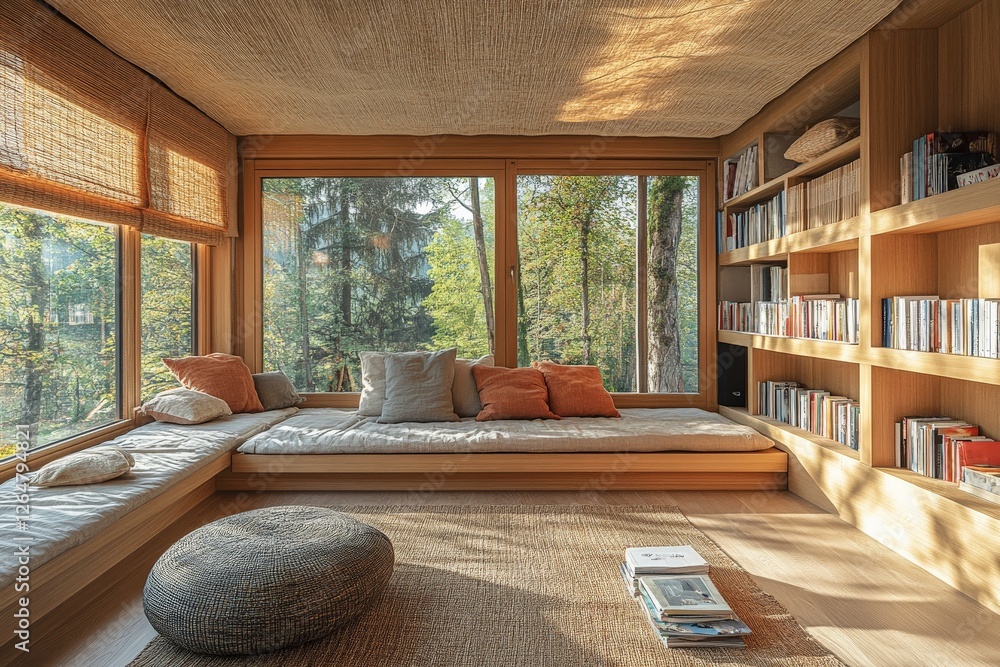Poster cozy modern interior with large windows and natural light in a forest setting