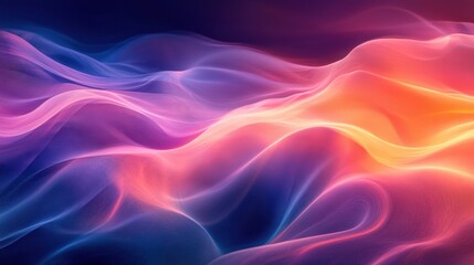 Luminous flowing shapes. Bright gradients in coral and indigo. Dynamic curves merging into abstract designs.