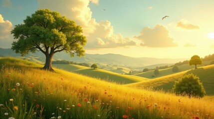 Obraz premium Serene Golden Meadow Landscape with Rolling Hills and Solitary Trees at Sunset
