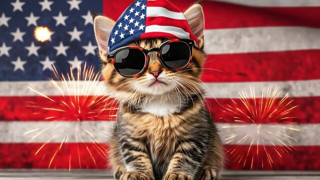 Patriotic Kitten: A playful kitten, sporting an American flag bandana and stylish sunglasses, perches in front of an American flag with fireworks exploding in the background.