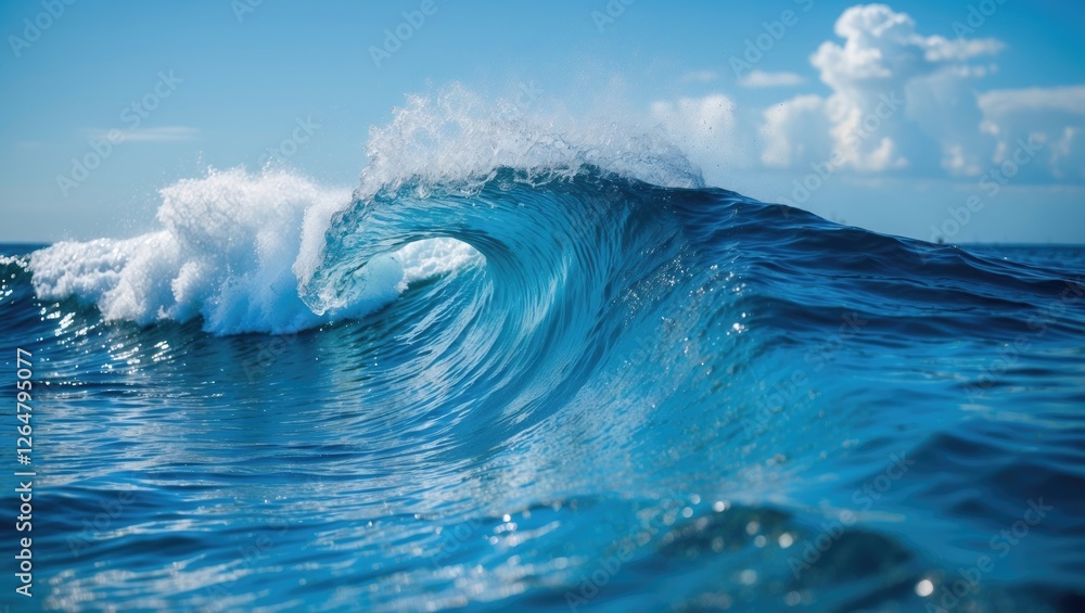 Poster blue ocean wave curling with white foam in clear skies and distant clouds with ample copy space for 