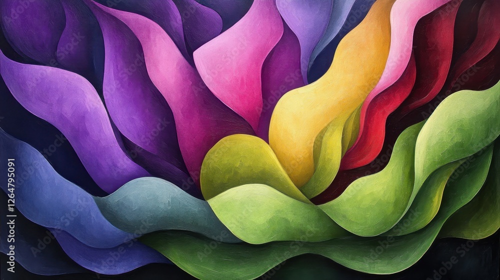 Poster luminous flowing shapes. bright gradients in lime and lavender. organic curves merging into abstract