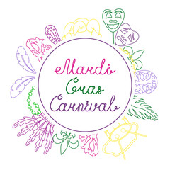 Vector background with text in a circle with elements for Mardi Gras carnival in doodle style. Image of masks, hats, feathers and beads drum for logos.