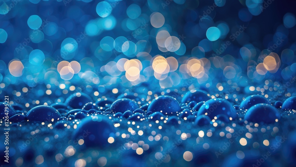 Poster blue water droplets on a surface with bokeh effect and soft lighting, abstract blurred background wi
