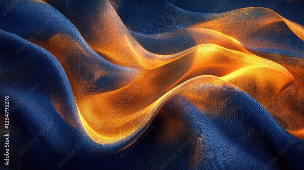Poster luminous flowing shapes. bright gradients in gold and navy. delicate curves merging into abstract de