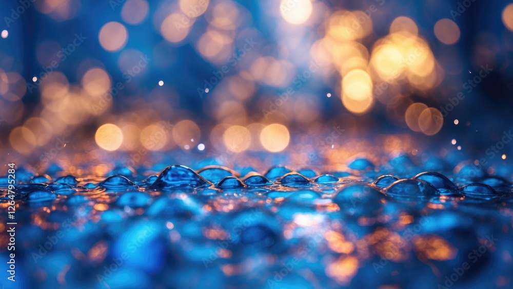 Aufkleber close-up of water droplets on a reflective surface with blurred bokeh lights in the background showc