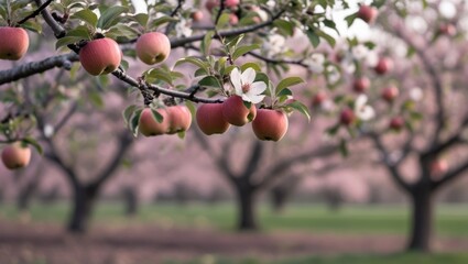 Apple tree branch with ripe red apples and white blossoms in a blooming orchard landscape with soft focus background and Copy Space