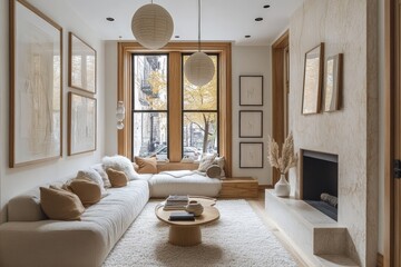 Fototapeta premium Modern living room with cozy decor and autumn view through large window