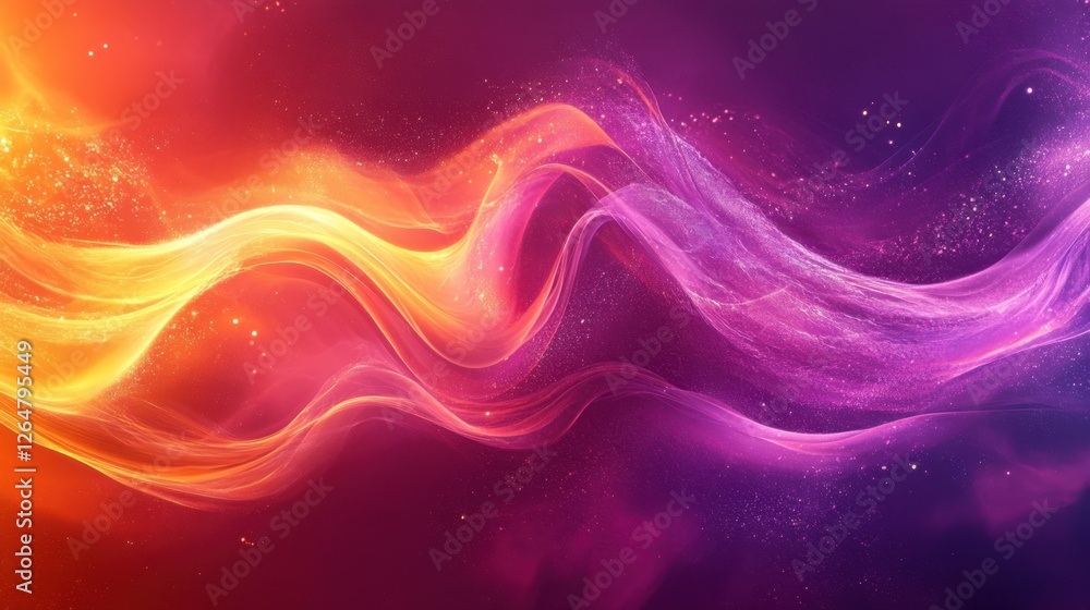 Poster luminous flowing shapes. bright gradients in purple and yellow. soft curves merging into abstract de