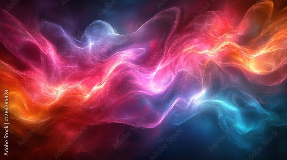 Poster luminous flowing shapes. bright gradients in pink and teal. smooth curves merging into abstract desi