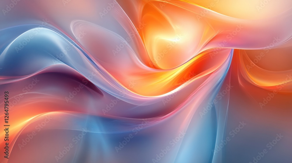 Poster luminous flowing shapes. bright gradients in blue and orange. gentle curves merging into abstract de