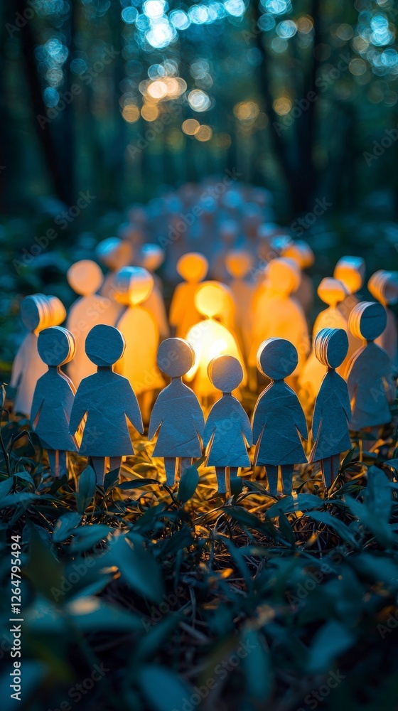 Poster a captivating scene depicting glowing paper figures surrounded by a serene forest, symbolizing unity