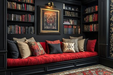 Cozy reading nook with red cushions and dark bookshelves in a stylish interior design setting